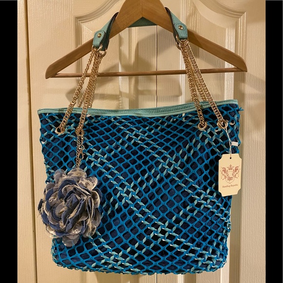 Turquoise Jean bag w/chain detailing and removable Jean rosette - Picture 1 of 7